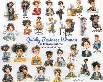 56 imágenes prediseñadas de mujeres de negocios peculiares: paquete PNG de chicas de oficina divertidas para pegatinas y diseños