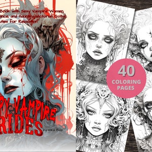 Creepy Vampire Brides, Goth Horror Coloring Book, Creepy Victorian Colouring, Printable PDF, Grayscale Color