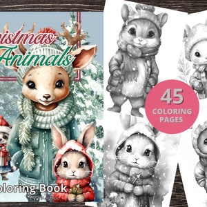 45 Christmas Animals Coloring Book, Adults & Kids Coloring Pages, Grayscale Coloring Book, Digital Download, Printable PDF File