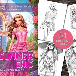 May include: A coloring book cover featuring a colorful illustration of a woman in a pink dress with the text "SUMMER CHIC" and "InkaBoo Coloring Books". The cover also includes a black and white illustration of a woman in a dress and the text "51 COLORING PAGES".