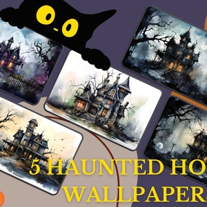 Può includere: Cinque illustrazioni ad acquerello di case infestate da alberi inquietanti e una luna piena. Le illustrazioni sono in uno stile scuro e malinconico, perfette per Halloween.