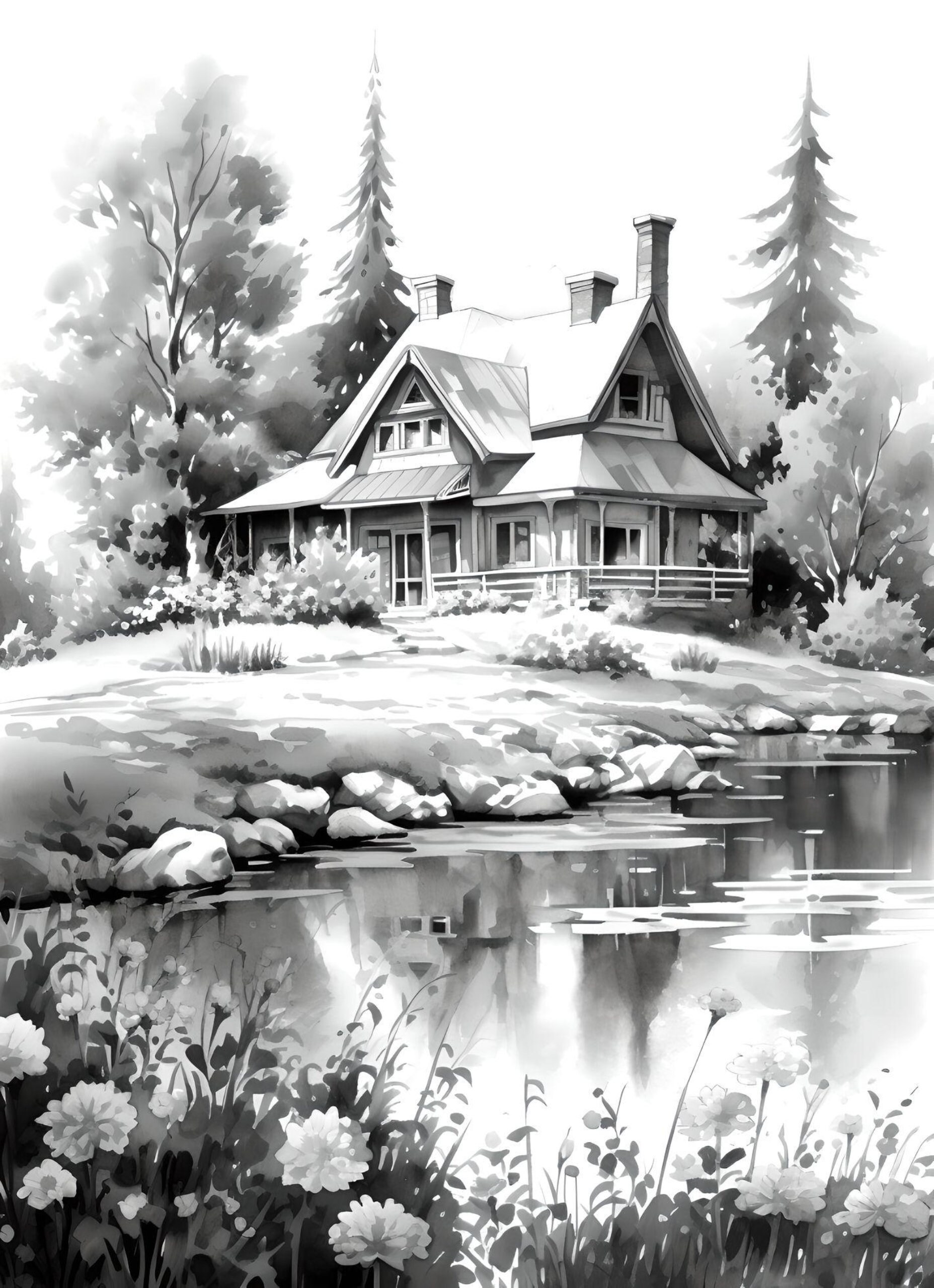Water Coloring Example Cottage Dreams: Watercolor Lake and Mountain Scenes Coloring Book - Etsy