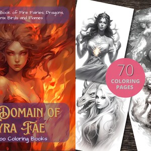 May include: A coloring book cover featuring a woman with flowing red hair surrounded by flames. The title of the book is "The Domain of Pyra Fae" and the subtitle is "InkaBoo Coloring Books". The cover also includes a preview of 70 coloring pages.
