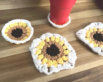 Sunflower Granny Square Crochet Coaster Set - Absorbent Mug Rugs - Hostess Gift