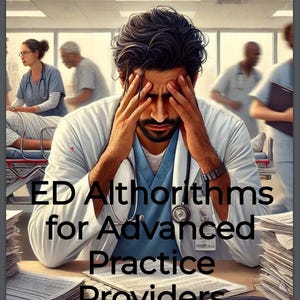 May include: A man in a white doctor's coat sits at a desk with his head in his hands. He is surrounded by stacks of papers. The text "ED Algorithms for Advanced Practice Providers" is superimposed on the image. The text "Gaboy Jupiter, AGACNP, FNP" is at the bottom of the image.