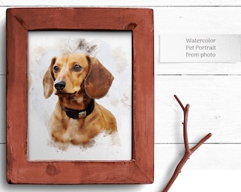 May include: Watercolor painting of a brown dachshund dog wearing a crown. The painting is framed in a red wooden frame.