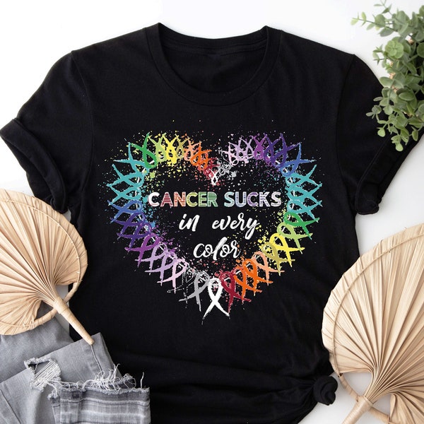 Cancer Sucks In Every Color Shirt, Multicolored Ribbon Shirt, Fight Cancer In All Colors, Cancer Awareness Shirt, Colorful Cancer Ribbon Tee