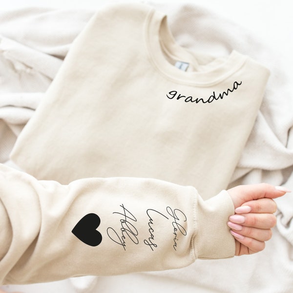 Personalized Grandma Sweatshirt with Kid Name on Sleeve, Custom Nana Sweatshirt,Mothers Day Gift, Tia Sweatshirt, Mommy Sweatshirt, Mom Gift
