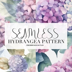 May include: Seamless hydrangea pattern in watercolor style. The design features clusters of purple, pink, and blue flowers with green leaves. The text "SEAMLESS HYDRANGEA PATTERN" is displayed in a stylish font.