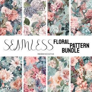 Pode incluir: Uma coleção de padrões florais sem costura com rosas, hortênsias e outras flores em tons de rosa, pêssego, azul e verde. O texto "SEAMLESS FLORAL PATTERN BUNDLE" está presente.