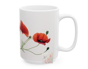 Roter Mohn Blumen 15 Unzen Becher Design, Becher Geschenk, Kaffeebecher, Geschenk für Freund, Geschenk für Papa, Geschenk für Mutter, Tante, einzigartig