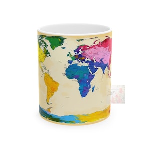 Colorful World Map Ceramic Mug, 11oz - Travel Mug, Adventure Cup, Geography Lover Gift, Map Coffee Cup, Wanderlust Tea Mug