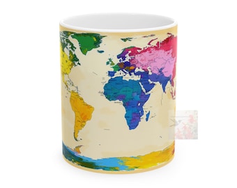 Kleurrijke keramische mok wereldkaart, 11 oz - reismok, avonturenbeker, cadeau aardrijkskundeliefhebber, kaartkoffiekop, Wanderlust-theemok
