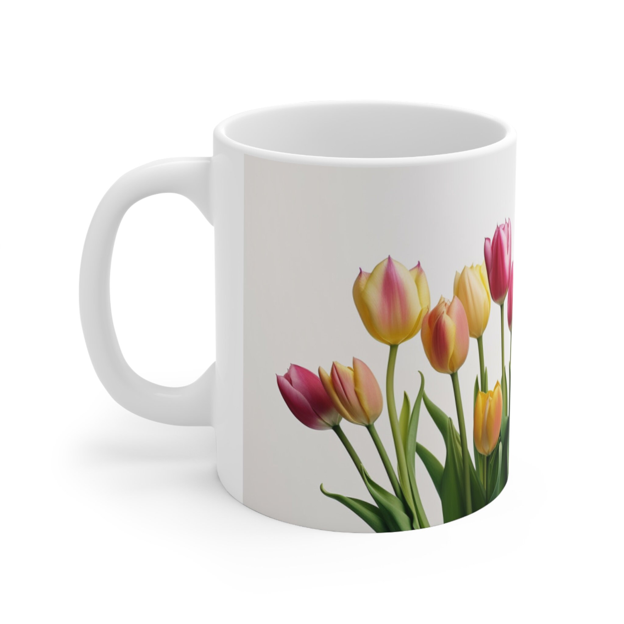 Floral Ceramic Mug, Tulip Flower Design, Yellow Pink Red Green Leaves ...