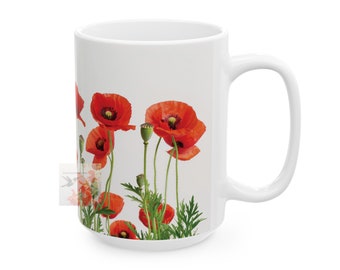 Red Poppy flowers 15oz mug 2nd design, mug gift, coffee mug, Gift for friend, Gift for dad, Gift for Mom, Auntie, Unique