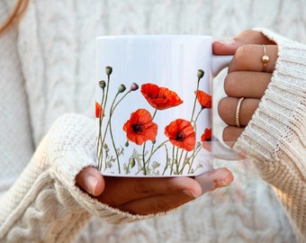 Red Poppy flowers mug 2nd design, Coffee mug, Ceramic Mug 11oz, Gift for friend, Gift for dad, Gift for Mom, Auntie, Unique