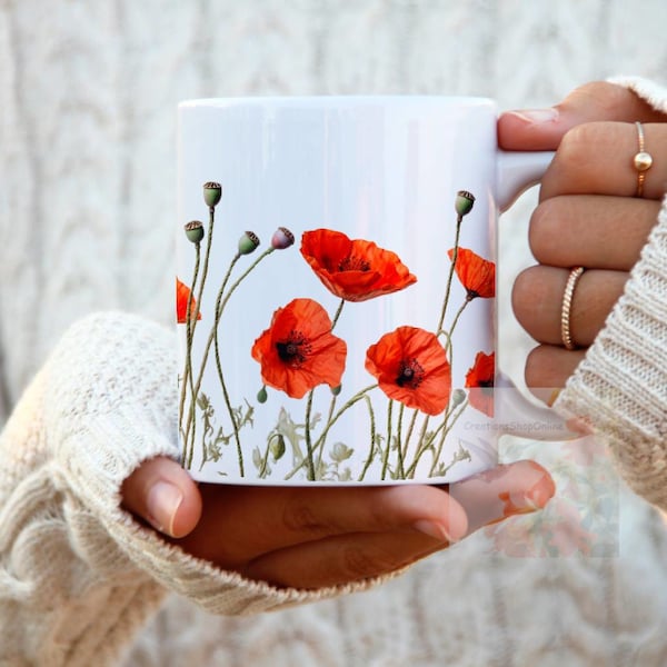 2ème conception de tasse de fleurs de pavot rouge, tasse à café, tasse en céramique 11 oz, cadeau pour un ami, cadeau pour papa, cadeau pour maman, tante, unique