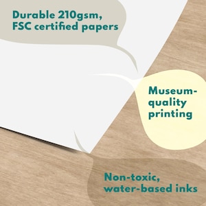 specs of paper stocks used by fun fact co. including - non-toxic, water-based inks, museum-quality printing and 210gsm FSC papers