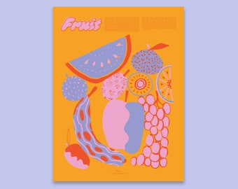 May include: A colorful poster with the word "Fruit" in a retro font. The poster features a variety of fruits, including a watermelon, a banana, a pear, grapes, and a lime, all in a bright, abstract style.