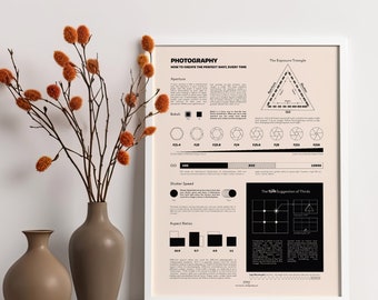 Póster guía de fotografía, hoja de trucos para fotografía DSLR (imprimible), tabla de ajustes de la cámara, manual de referencia fotográfica, decoración para aulas de arte