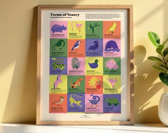 Terms of Venery Poster, Animal Group Names Print, Vintage Style Educational Wall Art, Natural History Gift