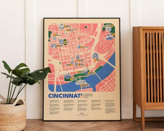 Cincinnati Map Print, Fun Fact Trivia Poster, Downtown Cincy Ohio Wall Art, Bengals Reds City Guide, Queen City Educational Decor