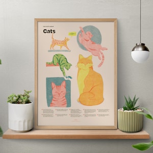 Katzen Illustration Druck, Lernkatze Poster, Tier Wandkunst für Zuhause oder Klassenzimmer, Badezimmer Dekor, Strand Haus Dekor, Geschenk für Katzenliebhaber