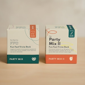 May include: Two boxes of Fun Fact Trivia Decks. The left box is labeled "Party Mix" and the right box is labeled "Party Mix II". Both boxes are white with teal and orange accents and feature the text "Fun Fact Co."