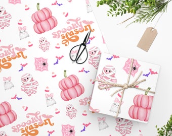 Pink Halloween Wrapping Paper, Cute Halloween Gift Wrap, Cute Ghost Halloween Party Decor, Spooky Season Wrapping Paper, Girly Gift Wrap