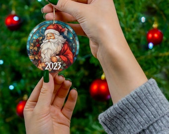 Stained Glass Ornament, Santa Christmas Ornament, 2023 Ornament, Ceramic Ornament, Unique Gift