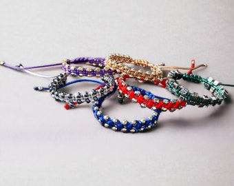 Braided Bracelet on the Silk String, Macrame Bracelet with Beads in Different Shapes, Friendship Bracelet in Different Colors