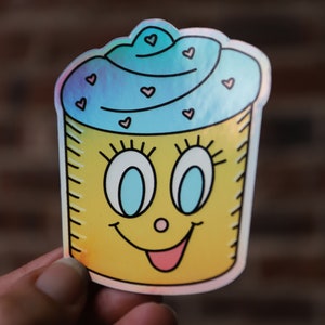 Happy Cupcake Holographic Vinyl Sticker, Water Bottle Sticker, Laptop Sticker, Helmet Sticker