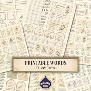 Palabras imprimibles recortadas, palabras para diarios creativos, fragmentos de palabras, efímeros, papel para álbumes de recortes, botánica, efímeros imprimibles, descarga digital