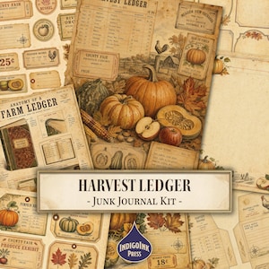 Skördedagbokskit med skräpjournal, höstens botaniska efemera, antika fältanteckningar, höstdagbokskit, etiketter för fröpåsar, utskrivbar digital