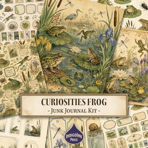 May include: A junk journal kit featuring vintage-style illustrations of frogs, dragonflies, snails, and pond flora on cream-colored paper. The central text reads CURIOSITIES FROG - Junk Journal Kit - with the IndigoInk Press logo below.