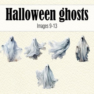 K&ouml;nnte beinhalten: F&uuml;nf wei&szlig;e Geister mit flie&szlig;endem Stoff, die in der Luft zu schweben scheinen. Halloween-Geister, Bilder 9-13.