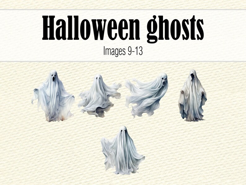 K&ouml;nnte beinhalten: F&uuml;nf wei&szlig;e Geister mit flie&szlig;endem Stoff, die in der Luft zu schweben scheinen. Halloween-Geister, Bilder 9-13.
