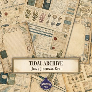 以下が含まれることがあります： Tidal Archiveというタイトルのジャンクジャーナルキット用のヴィンテージ風ペーパーシートのコレクション。ページには、貝殻、海藻、地図、潮汐表、切手、手書き風の文字など、セピア調の航海をテーマにしたイラストが描かれています。