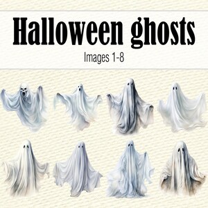 K&ouml;nnte beinhalten: Acht wei&szlig;e Geister in verschiedenen Posen, einige mit Gesichtsz&uuml;gen, vor einem strukturierten Hintergrund. Halloween-Geister, Bilder 1-8.