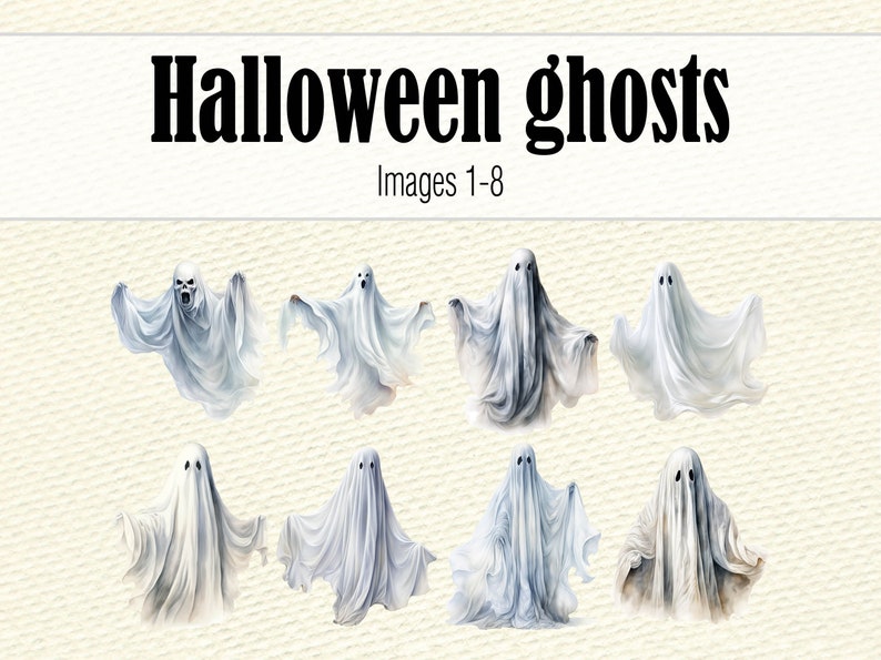 K&ouml;nnte beinhalten: Acht wei&szlig;e Geister in verschiedenen Posen, einige mit Gesichtsz&uuml;gen, vor einem strukturierten Hintergrund. Halloween-Geister, Bilder 1-8.