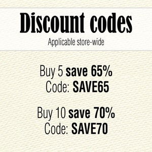May include: A white background with black text that reads "Discount codes" and "Applicable store-wide". Below the text are two discount codes: "Buy 5 save 65% Code: SAVE65" and "Buy 10 save 70% Code: SAVE70".