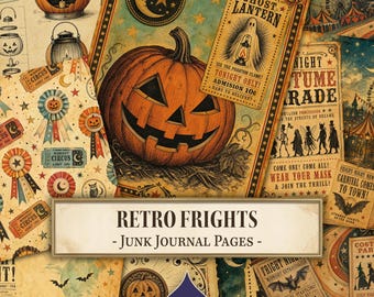 Könnte beinhalten: Eine Sammlung von Halloween-Junk-Journal-Seiten im Vintage-Stil mit einem großen Kürbis, Geisterlaternen-Werbung, Zirkustickets und Karnevalsbildern mit Texten wie Retro Frights, Junk Journal Pages und IndigoInk Press.