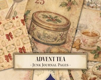 Advent Tea Junk Journal Pages, Vintage Christmas, Ledger Paper, Ribbon Bow, Teacup and Saucer, Junk Journal Printable, Digital Download