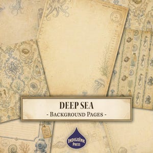 Puede incluir: Una colección de hojas de papel de estilo vintage con ilustraciones de pulpos, medusas, caballitos de mar y criaturas marinas. Las páginas incluyen bordes decorativos, etiquetas científicas y el texto DEEP SEA - BACKGROUND PAGES.