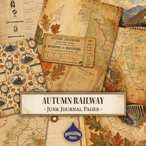 May include: A collection of digital junk journal pages featuring an autumn railway theme with vintage maps, train tickets, dining menus, and clock illustrations. The design incorporates warm fall foliage, sepia-toned paper textures, and technical diagrams.