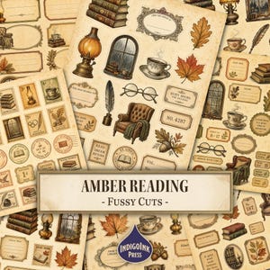 Peut inclure: Une collection de papier éphémère de style vintage avec des illustrations de livres, lampes à huile, fauteuils, lunettes, tasses à café, feuilles d'automne et étiquettes avec le texte AMBER READING - FUSSY CUTS et INDIGO INK PRESS.