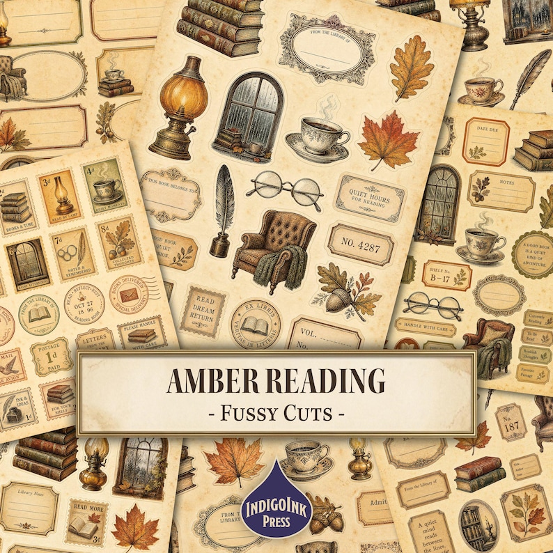 Amber Reading Fussy Cuts, Cozy Reading, Amber Glass, Autumn Reading, Fall Reading, Amber Reading Room, Printable Ephemera, Digital Download image 1