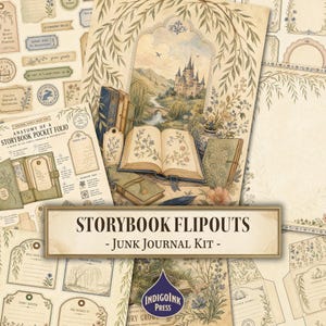 May include: A junk journal kit titled STORYBOOK FLIPOUTS featuring printed paper sheets with illustrations of castles, open books, floral motifs, and willow branches. The kit includes instructional diagrams for a storybook pocket folio and various labels.