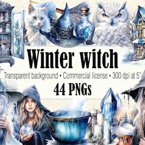 Clipart de bruxa de inverno, bruxa lixo diário efêmera, aquarela bruxa PNG, mulher bruxa PNG, pagão PNG, bruxaria clipart