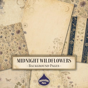 Puede incluir: Una colección de páginas de fondo digitales titulada MIDNIGHT WILDFLOWERS - Background Pages. Los diseños presentan papel crema de estilo vintage con ilustraciones botánicas de flores silvestres, mariposas, lunas y sellos postales en azul y marrón.